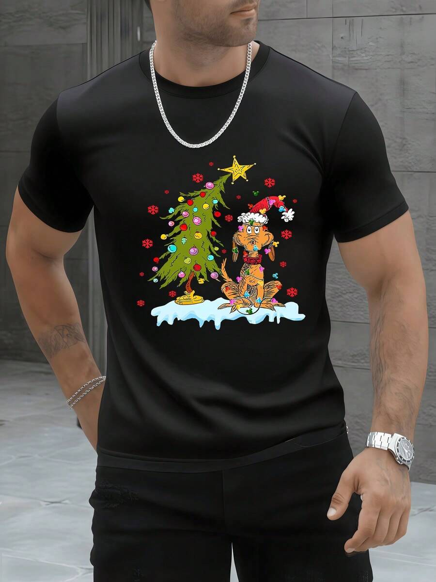 Christmas Tree Cartoon Graphic Men's 100% Cotton T Shirt 1pcs Festive Holiday Digital Printed T Shirt 220g Funny Dog In Santa Hat Design - Black - View 1