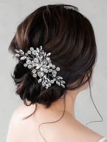 1件水晶新娘婚礼发梳银色水钻花朵新娘发饰仿珍珠婚礼发饰女士情人节配饰