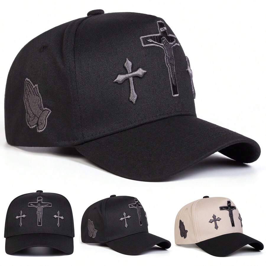 1Piece Men Jesus Cross Embroidered Five-Panel Baseball Cap Outdoor Adjustable Sunscreen Leisure Hat Spring Autumn Travel Tourism Beach Vacation - Nhiều màu - Xem 1