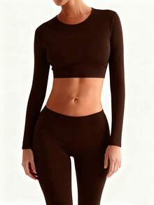 XLLAIS Camiseta ajustada de manga larga con cuello redondo, de doble capa elástica y corta para mujer - Marrón - Ver 5