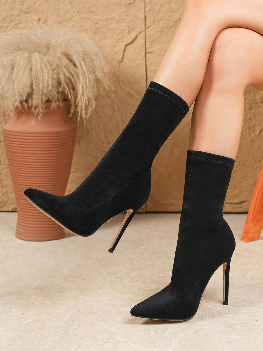 Bốt cao gót ôm sát bằng vải Lycra co giãn màu đen, mũi nhọn gợi cảm, 12cm, cao đến bắp chân, dành cho nữ, mùa thu/đông