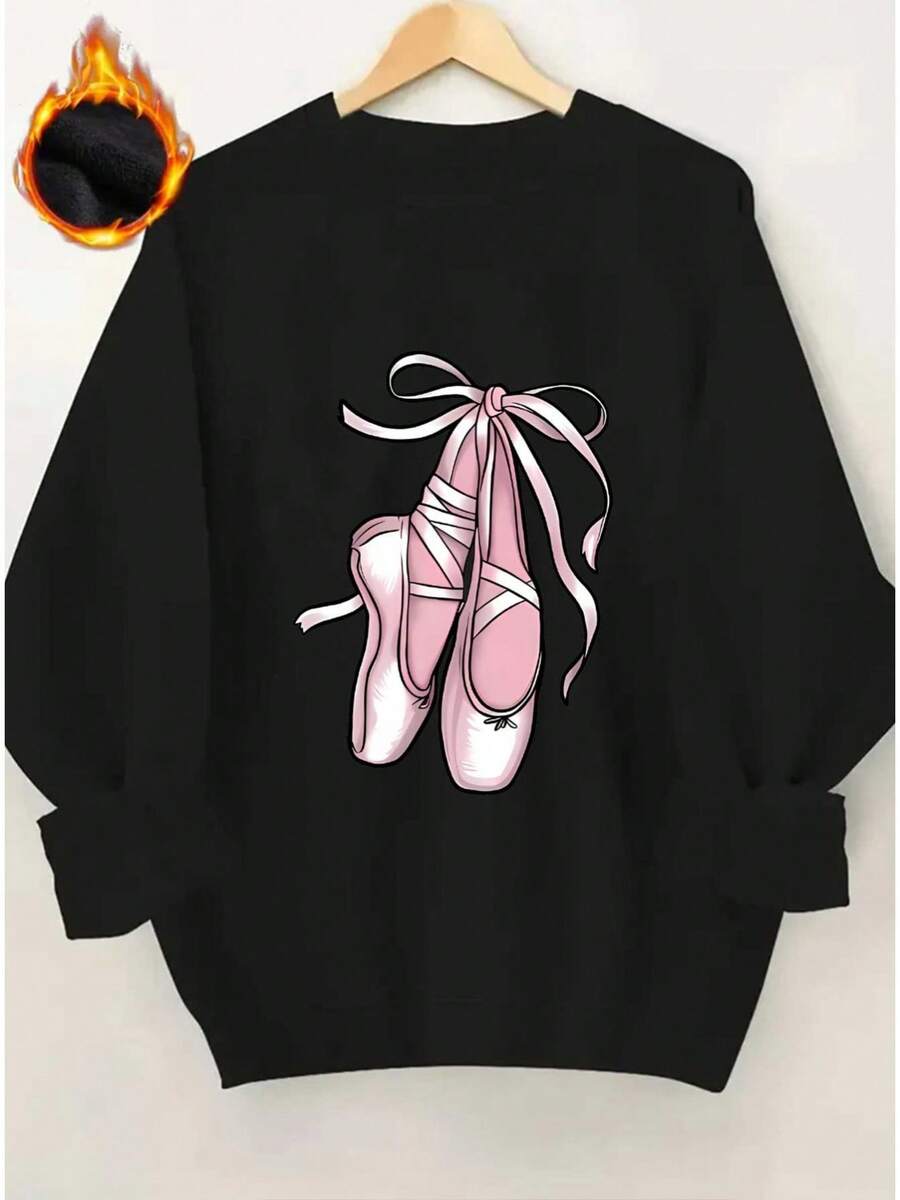 2026 Valentine Outfits For Women Pink Ballet Shoes Pattern Fleece-Lined Thickened Pullover Sweatshirt - Comfortable Casual Round Neck Long Sleeve, Suitable For All Seasons, Machine Washable, Ballet Decoration, Daily Comfort, Durable Soft Fabric, Fashionable Homewear, Thickened Printed Hoodie Loose And Comfortable Valentine's Day - 黑色 - 查看 1
