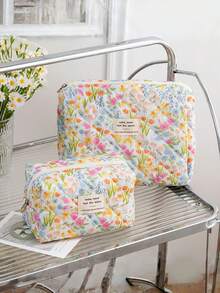 1 Set Of 3 Floral Pattern Portable Cosmetic Bags, 1 Fashionable Casual Large Capacity Zipper Cosmetic Bag, 1 Travel Makeup Bag For Storing Sanitary Napkins, Toiletries, Desktop Organizer - Multicolor - View 16