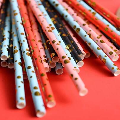 Pink And Gold Paper Straws, 50pcs Pink And Gold Straws For Party Supplies, Birthday, Wedding, Bridal/Baby Shower, Christmas Decorations And Holiday Celebrations