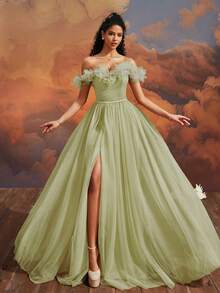 VIPGIRL Elegant Mesh Formal Long Evening Gown - Lime Green - View 5