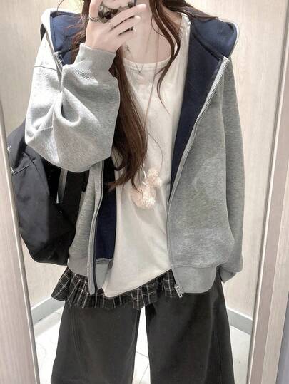 女士灰色连帽运动衫夹克，宽松休闲拼色棒球上衣，春秋季