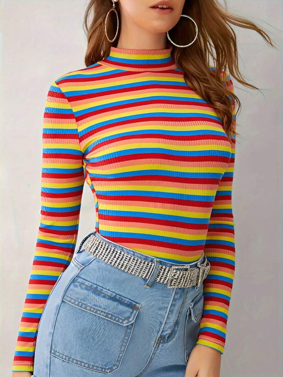 Women's Casual Long-Sleeved Colorful Striped Round-Neck T-Shirt - Regular Fit, Elegant Style, Comfortable For All Seasons, Vibrant Rainbow Pattern Design, Women's T-Shirt, Christmas Gift, - 彩色 - 查看 1