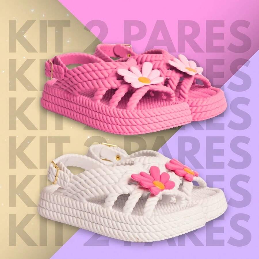 Kit Of 2 Pairs Of Girls' Daisy Sandals, Lightweight And Comfortable, Braided School Shoes - 白色+粉紅色 - 查看 1