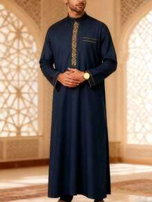 2025New Small Stand Collar Moroccan Man's Thobe Long Sleeve Embroidery Design Muslim Man Abaya Islamic Loose Men Jeliba Saudi Arabian Traditional Clothing - Navy Blue - View 14