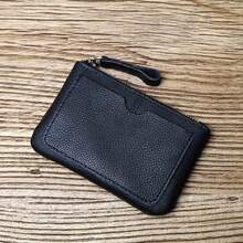 2024 Cartera pequeña de cuero retro Crazy Horse para hombres, hecha a mano, con cremallera, para licencia de conducir, llaves, monedas, tarjetas, fundas delgadas - Negro - Ver 10
