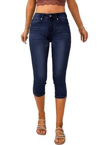 Vetinee High Waisted Skinny Slim Fit Capri Jeanshalloween - 深藍色 - 查看 12