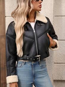 Women's Faux Leather Sherpa Motor Jacket Bomber Aviator Cropped Coat