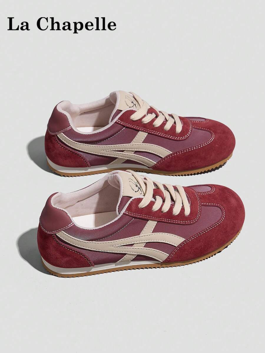 1 đôi giày nữ La Chapelle đế dày buộc dây, đế mềm, giày bệt cổ thấp ngoài trời, mũi tròn, gót thấp, màu trơn, thanh lịch, đế mềm, thích hợp cho sinh viên chụp ảnh tốt nghiệp, giày thể thao da cổ thấp nữ - Đỏ cổ điển - Xem 1