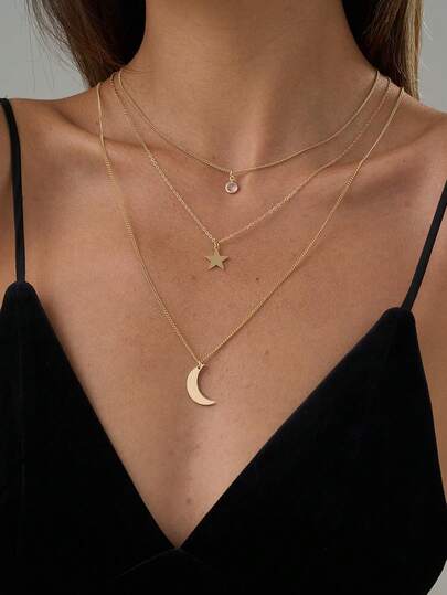 3pcs Minimalist Layered Necklace Set, Copper Star, Moon, Circle Framed & Cubic Zirconia Pendant Necklaces, Suitable For Women's Daily Wear And Parties