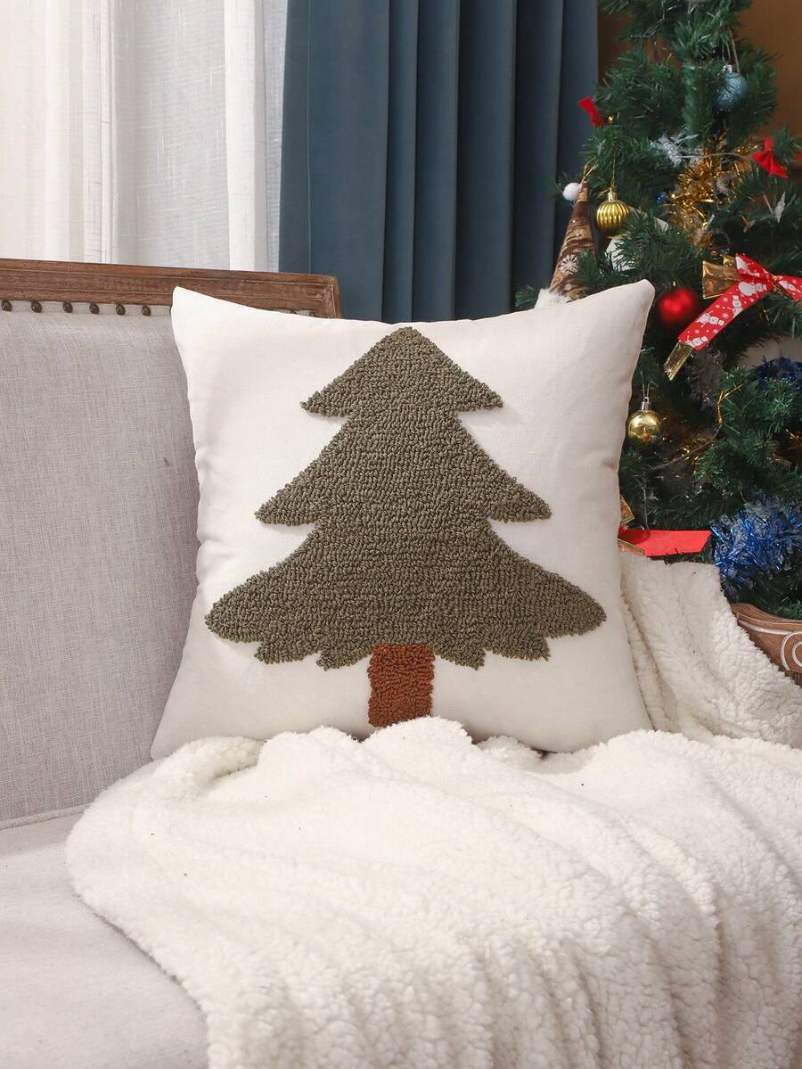 1 pieza Funda de almohada decorativa de Navidad de peluche, lienzo bordado con árbol de Navidad, decoración rústica para sala de estar, dormitorio, sofá, regalo navideño, verde