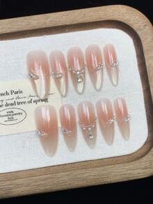 10pcs Handmade Nails Almond Coffin Nails Press On Nails Long, Gentle Pink Blush Pink Nails, Flashy Iced Cateye French Tip Nail Tips, Nail Gems Zirconia Diamond Inlaid, Edgy Elegant Luxury Handcrafted Autumn Nails, Fall Press On Nails, Party Daily & Dating Use Beach Tropical Getaway Suitable,DIY False Nail Art Suitable For Women & Girls As Gift Nail Supplies