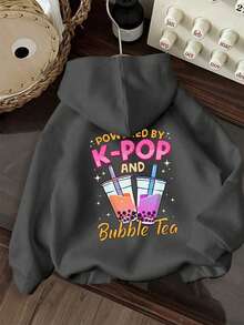 Tween Girl Pearl Milk Tea & K-POP Graphic Fleece Pullover Sweatshirt Sweatshirt, Warm & Cozy Pullover Hooded Sweatshirt For Fashionable K-POP Fans, Autumn/Winter - Dark Grey - View 5