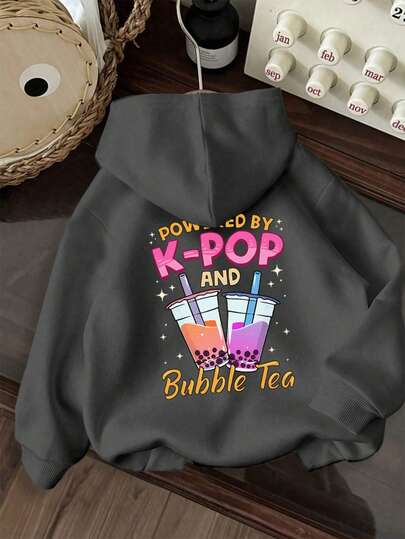 Tween Girl Graphic Print Thermal Lined Hoodie Sweatshirt, Warm & Comfortable For Autumn/Winter