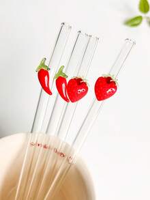 1/2/4Pcs Reusable Glass Straws With Red Strawberry/Chili Charms, Cute Bent And Clear Glass Drinking Straw With Cleaning Brush, For Kitchen Accessories, Water Cup,Cold Drinks, Milk Tea, Coffee, Juice, Smoothies, Kitchens, Restaurants, Cocktail Parties, Back-To-School, Gifts For Girlfriends/Boyfriends, Parents, Friends, Holiday Supplies.New Year, Valentine's Day. - Style 1 - View 1