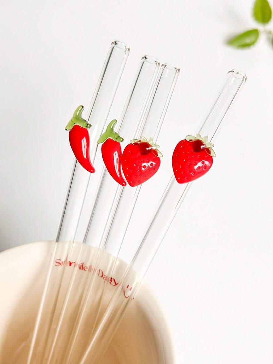 1/2/4Pcs Reusable Glass Straws With Red Strawberry/Chili Charms, Cute Bent And Clear Glass Drinking Straw With Cleaning Brush, For Kitchen Accessories, Water Cup,Cold Drinks, Milk Tea, Coffee, Juice, Smoothies, Kitchens, Restaurants, Cocktail Parties, Back-To-School, Gifts For Girlfriends/Boyfriends, Parents, Friends, Holiday Supplies.New Year, Valentine's Day. - Style 1 - View 1