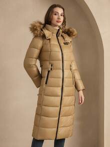 ZIAI Damen Lässig einfarbige Winter Mäntel Neue Mode Gürtel Schlank Dicke Mäntel Damen Herbst Winter Büro Tragen Pelz Kapuze Damen Winter Mantel - Kamelfarben - Übersicht 10