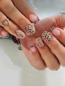 Express Your Love With 24Pcs Short Square Stick On Nails Simple Fashion Yellow French Style Black Spotted Leopard Fake Nails Elegant Leopard French Style Red Glitter Fake Nails Full Cover False Nails For Women And Girls Includes 1 Sheet Adhesive Tabs & 1 Pc Mini File Jelly Gel Random Shipment Nail Supplies Nails - màu nâu - Xem 2