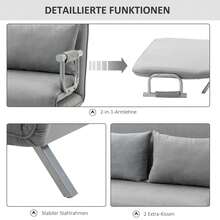 HOMCOM Double Sofa Bed With Sleeping Function And Cushions, Adjustable Up To 150 Kg, Light Grey - Grey - View 6