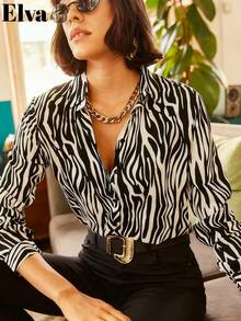 ELVA 女士夏季斑马纹纽扣衬衫，休闲办公通勤商务会议婚礼宾客毕业典礼度假上衣春季款 - 黑與白 - 查看 6