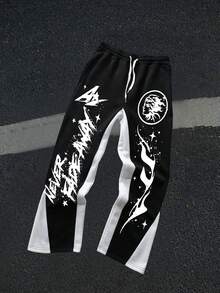 Men's Y2K Style Autumn And Winter Collection - Star Flame - Printed Pattern Design Drawstring Sweatpants, Loose Casual Sports Pants, 250g Polyester Soft Fabric, Machine Washable, Local Warehouse, Fashionable And Versatile, Straight Leg Pants Suitable For Boys And Girls Returning To School, Streets, Outdoor Sports Wear - màu đen - Xem 1