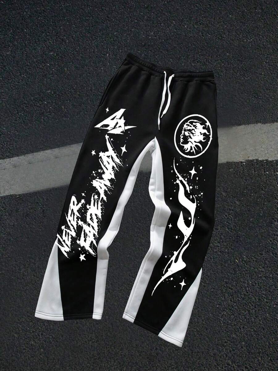 Men's Y2K Style Autumn And Winter Collection - Star Flame - Printed Pattern Design Drawstring Sweatpants, Loose Casual Sports Pants, 250g Polyester Soft Fabric, Machine Washable, Local Warehouse, Fashionable And Versatile, Straight Leg Pants Suitable For Boys And Girls Returning To School, Streets, Outdoor Sports Wear - màu đen - Xem 1