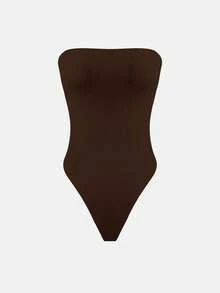 XLLAIS Women's Summer White & Brown Elastic Double-Layer Fabric Casual Bodysuit, Minimalist Style For Daily Wear & Holiday