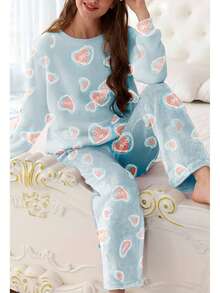 Conjunto de Pijama Para el Hogar Afelpada con Pantalon Largo y manga Larga Estampados Piezas para Mujer Invierno Clasica - Azul Corazon - Ver 3