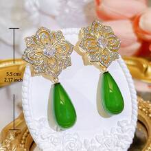 SEQUITO 2件套迪拜设计师女士耳饰，镀金密镶AAA级立方氧化锆花朵水滴绿色耳坠，适合宴会佩戴 - 5.5厘米 - 查看 3