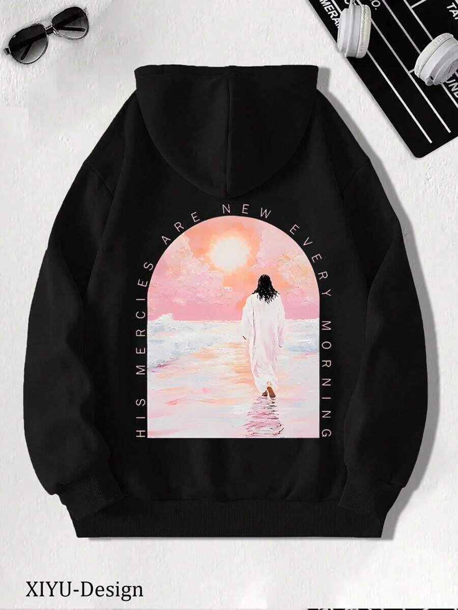 Retro Printed Hoodies With Elegant Patterns Of Cross And Jesus Are A Must-Have Item For Outdoor Lovers. Novel Retro Street Men's Casual And Comfortable Hooded Sweater, Casual And Versatile Coat In Autumn And Winter.,Fall Hoodies,Men's Fall Clothes,Street Wear,Halloween,Mens Hoodies,Y2k Clothes,Jesus Hoodie,Thanksgiving Day,Nightmare Before Christmas,Christmas - 黑色 - 查看 1