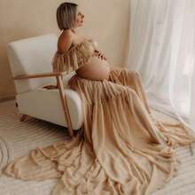 Maternity Solid Color Ruffle Trim Off Shoulder Maxi Dress (YY883) - Khaki - View 10