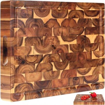 XL Acacia End Grain Wood Cutting Board 20x15x1.5in Acacia Wooden Cutting Board Butcher Block Chopping Board Reversible Multipurpose For Kitchen With Juice Groove Cracker Holder Inner Handles.