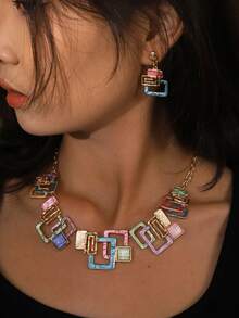 Cring Coco 3pcs/Set Fashion Boho Simple Enamel Geometric Jewelry Set For Woman Accessories New Zinc Alloy Necklace And Earring Sets Minimalist Design Suitable For Daily Dance Party Holiday Music Festival Valentine's Day Jewelry Gift