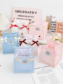 1pc Desktop Quilted Storage Basket With Bow, Desktop Debris Storage Basket For Desktop Organization And Storage, Lipstick Makeup Brush Skin Care Storage Basket, Tabletop Decoration, Cosmetic Storage Basket For Storing And Organizing Brushes And Skin Care Products, Headphone Lipstick Storage, Portable Picnic Basket, - Multicolor - View 1