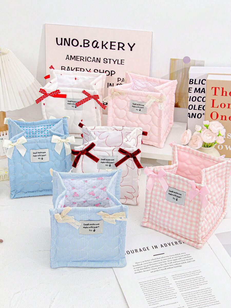 1pc Desktop Quilted Storage Basket With Bow, Desktop Debris Storage Basket For Desktop Organization And Storage, Lipstick Makeup Brush Skin Care Storage Basket, Tabletop Decoration, Cosmetic Storage Basket For Storing And Organizing Brushes And Skin Care Products, Headphone Lipstick Storage, Portable Picnic Basket, - Multicolor - View 1