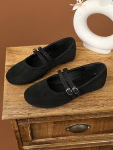 女士时尚圆头黑色鞋，黑色工作鞋，适合所有季节的休闲百搭平底鞋，优雅的平底鞋，玛丽珍芭蕾平底鞋，适合办公室、派对、婚礼、户外 - 黑色 - 查看 2