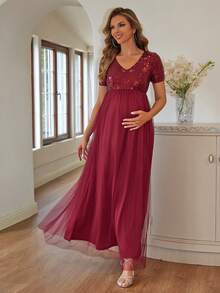 Joyfunear 孕妇亮片装饰简约日常网眼短袖连衣裙