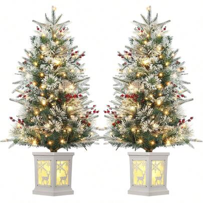 Set de 2 Árboles de Navidad Artificiales 3 FT Preiluminados, 78 Luces LED, Base Café con Diseño de Alce Nevado, Función de Temporizador, Funciona con Pilas, Mini Árbol para Decoración Navideña