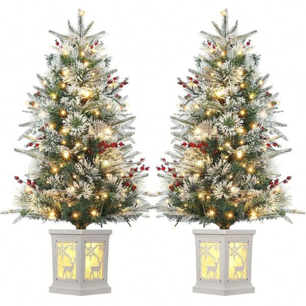 Set de 2 Árboles de Navidad Artificiales 3 FT Preiluminados, 78 Luces LED, Base Café con Diseño de Alce Nevado, Función de Temporizador, Funciona con Pilas, Mini Árbol para Decoración Navideña