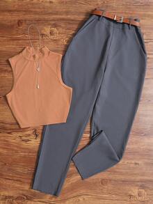Women's Solid Color Casual Faux Button Office & Garden High Neck Vest And Pants Set, Spring/Summer Elegant - Orange and Gray - View 5
