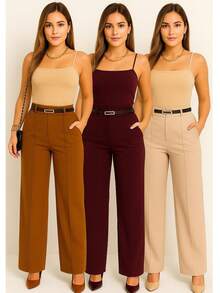 Kit 3 Women's Tailored Trousers With Belt - 焦糖色/酒紅色/米色 - 查看 2