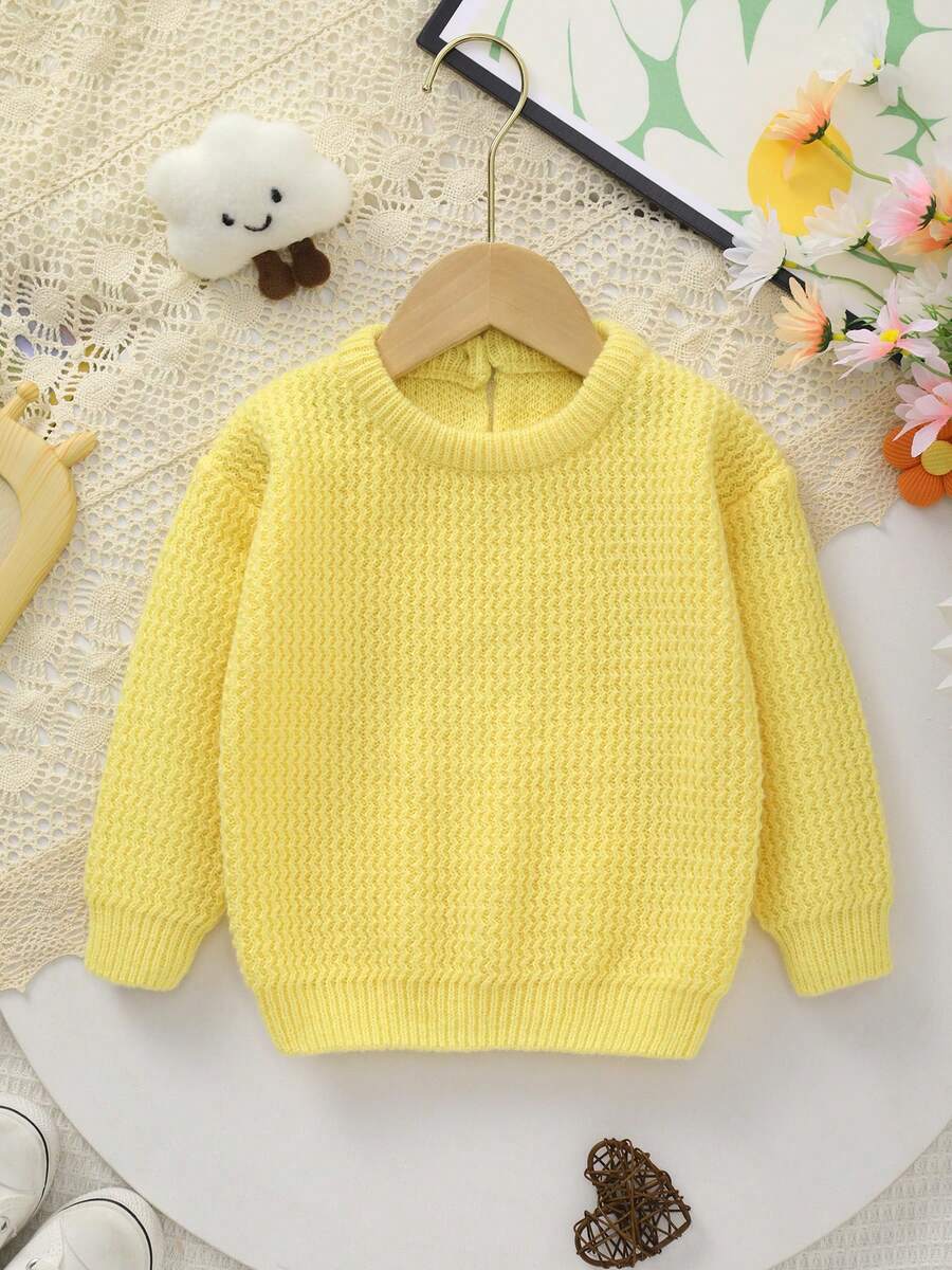 Infant Round Neck Long Sleeve Warm Knit Sweater - Yellow - View 1
