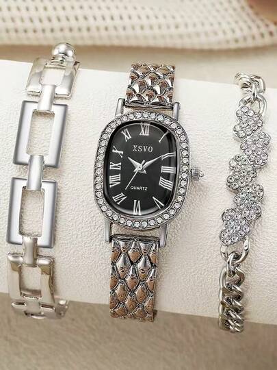 3pcs/Set Luxury Elegant Oval Roman Dial Niche Delicate Quartz Women Watch Set, Suitable For Daily Matching, Birthday, Women's Gift, Anniversary, Year-End Promotion, Singles' Day, Halloween Promotion And Other Holiday Gifts