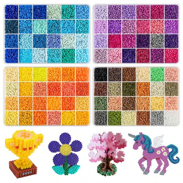 5000/10000/40000 piezas Kit de cuentas de fusión de 2.6mm, Caja de 24 colores, Varios patrones según las instrucciones, Anillos para llaveros, Tablero cuadrado, Regalos para cumpleaños, graduación, San Valentín, Halloween, Kit a granel de recambio de cuentas de fusión de 2.6mm