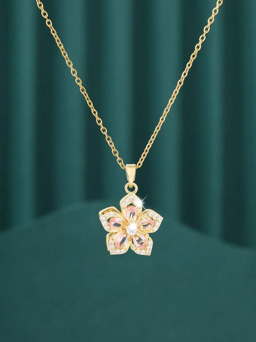 1 Stück elegante, luxuriöse, drehbare Blumen-Zirkonia-Anhänger-Halskette, geeignet für den täglichen Gebrauch, Dates, Feiertage und als Geschenk