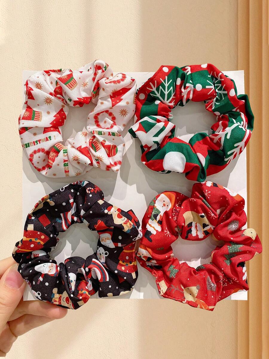 4pcs/Set Christmas Hair Accessories For Women, High Elastic Curly Hair Scrunchies, Suitable For Buns, High Ponytails, Very Practical, Ideal For Parties, Gifts, Holidays ,Beauty ,Hair Ties